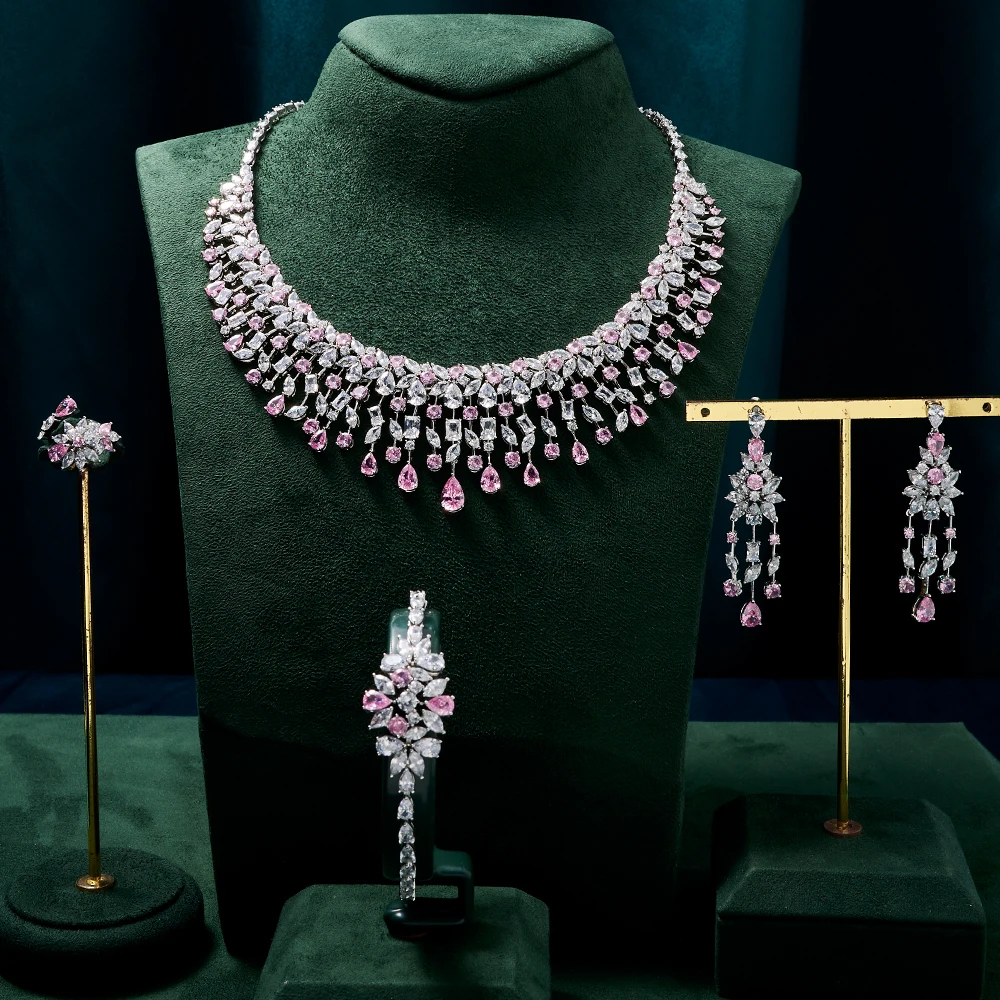 

TIRIM Women Necklace Sets Pink Color Cubic Zirconia Bridal Jewelry DuBai Saudi Wedding Engagement Party Festival Jewel Accessory