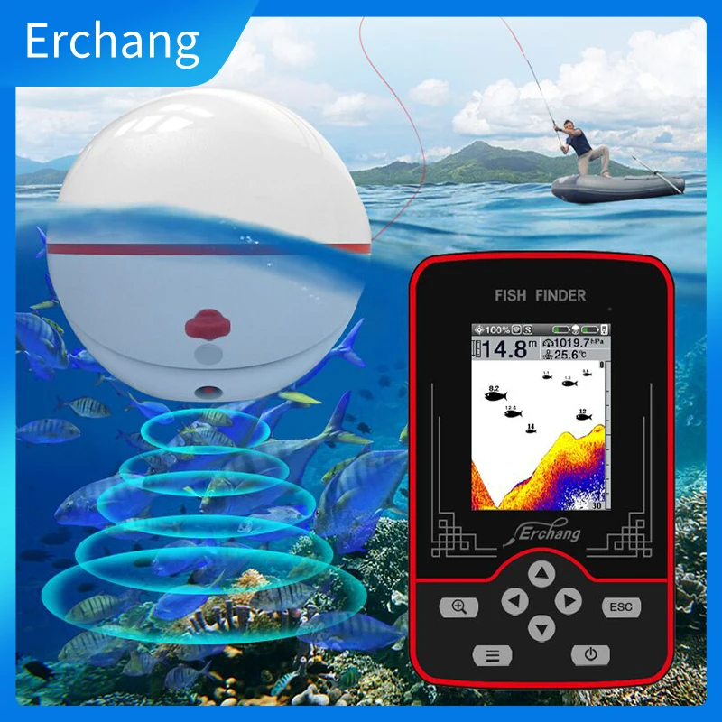 Erchang Sonar Fish Finder Rechargeable Wireless Sensor 60M Water Depth Echo Sounder Fishing Portable Fish Finder 100M Distance