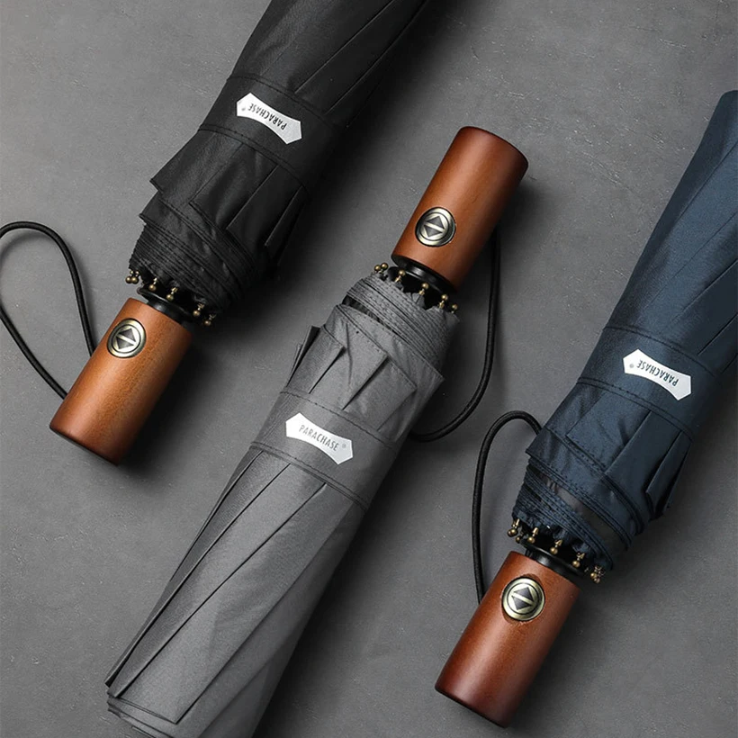 

10K Windproof Automatic Umbrella Men Business Wooden Handle Clear Umbrellas Sun Protect Genuine Brand Black Umbrella Parasol