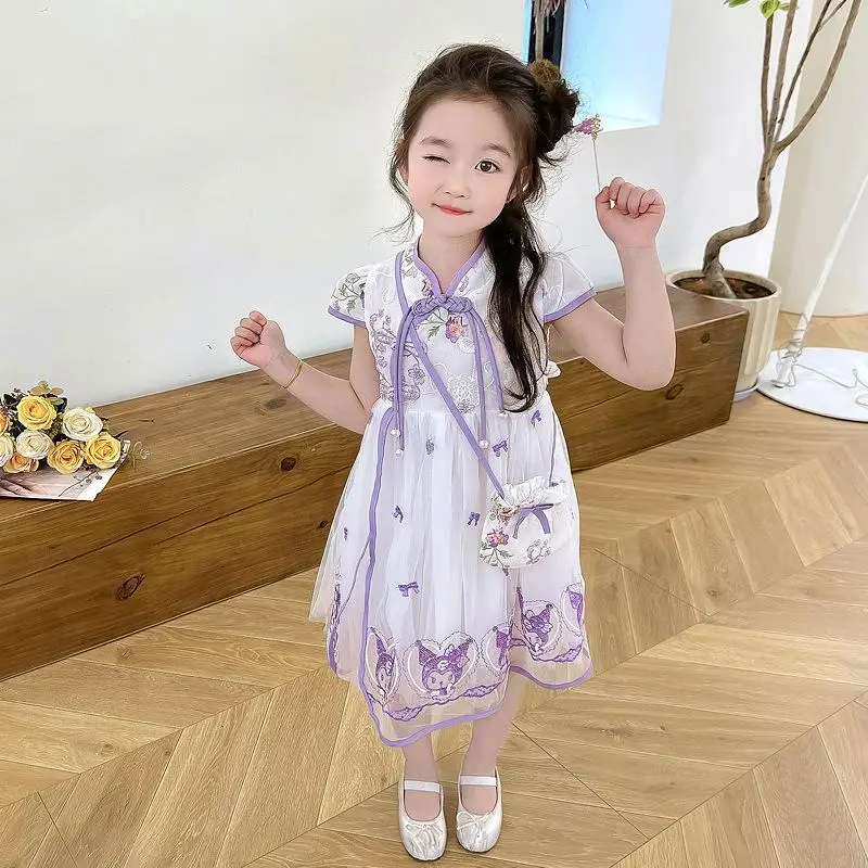 

Sanrios Kuromi Kids Dress Cute Chinese Style Mesh Skirt Cartoon Comfortable Embroidery Versatile Princess Dress Anime Girl Gift