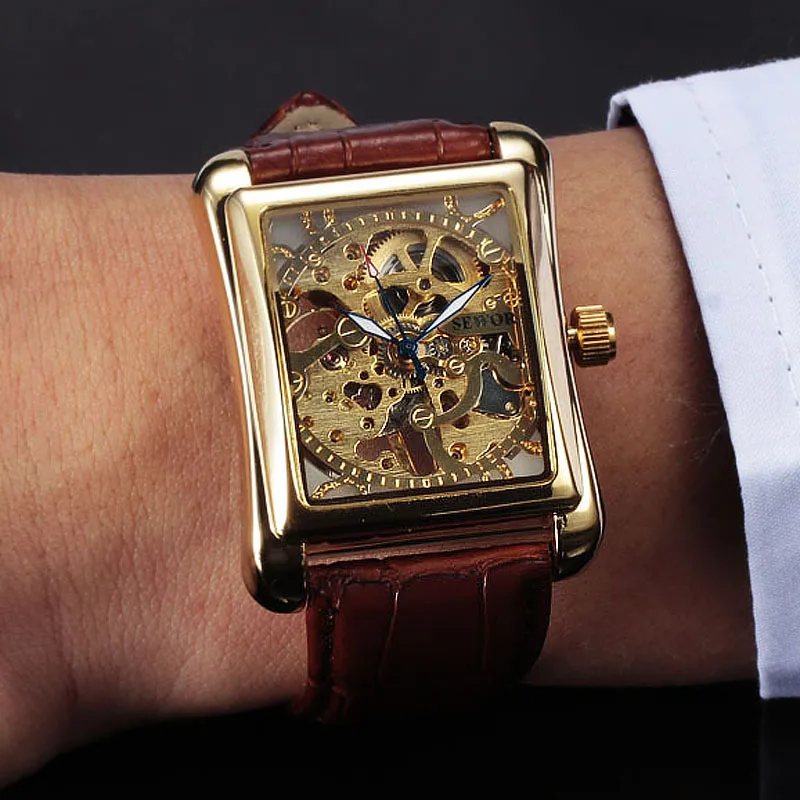 

Sewor Watch Men Fashion Rectangle Mechanical Watches Brown Leather Band Gold Skeleton Mechanical Hand Wind Wristwatches Men