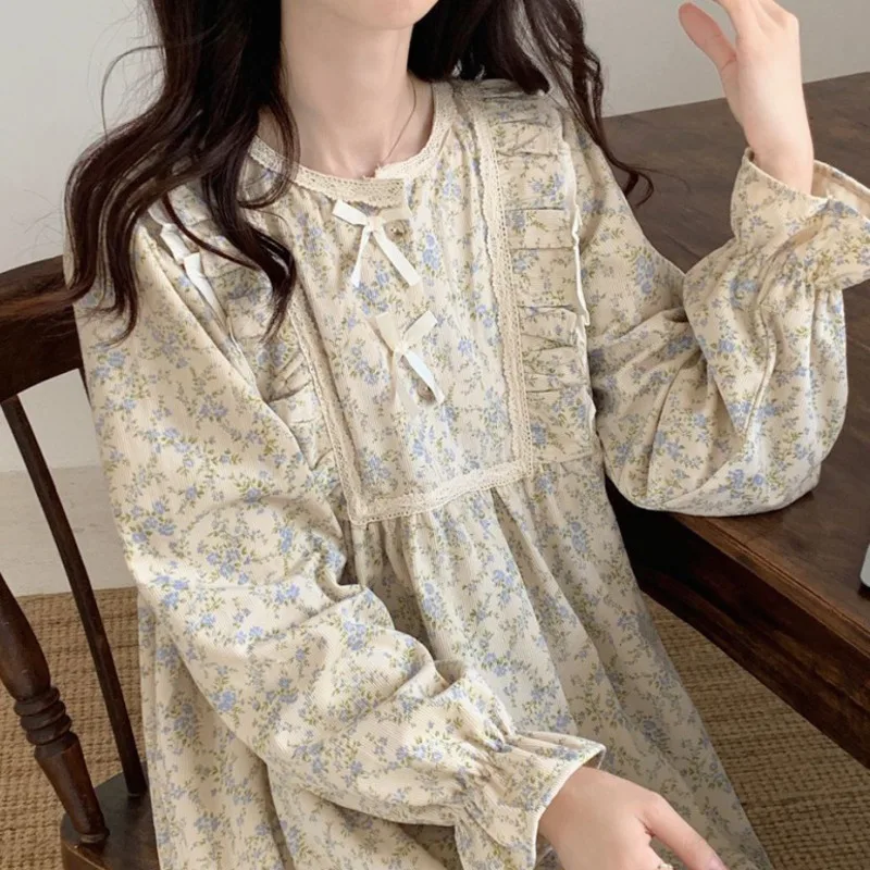 

Nightgowns Women Cotton Lace Long Sleeve Sweet Sleepshirt Nightdress Korea Style Spring Home Dressing Gowns Nightwear Sleepwear