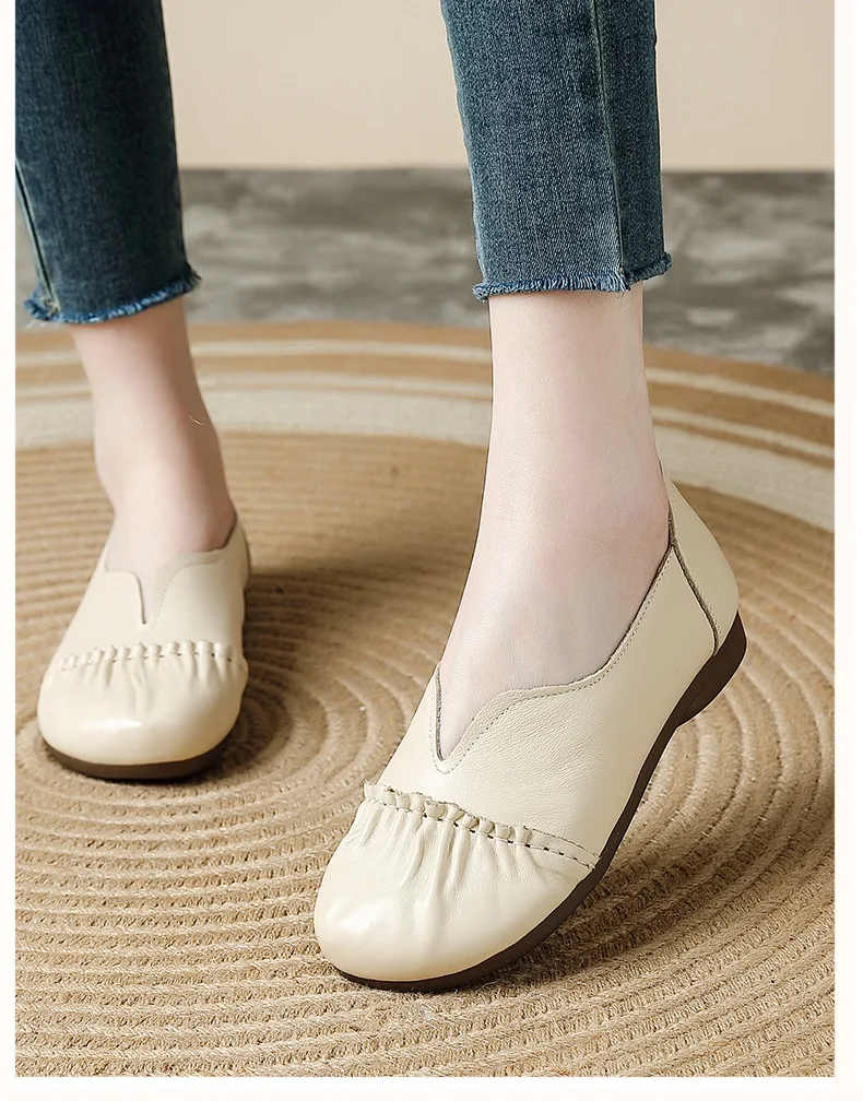New V Cut Pleated Ballet Flats Women's Genuine Leather Mokasin