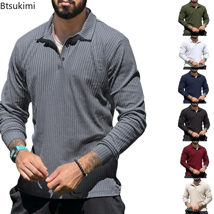 Nuova Maglia Polo da Uomo a Maniche Lunghe, Tinta Unita, Vestibilità Slim, Anti-Striature, Popolare Pullover in Maglia, Abbigliamento Streetwear - immagine 5