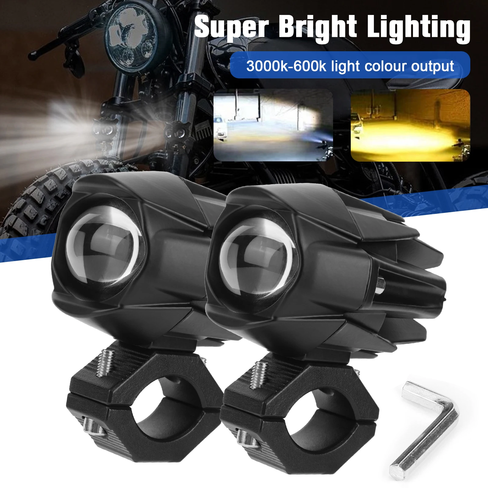 2x LED Auxiliary Motorcycle Headlight with Mount Brackets Driving Fog Lamp Motorcycle Fog Lights Universal Fit for Motorcycles