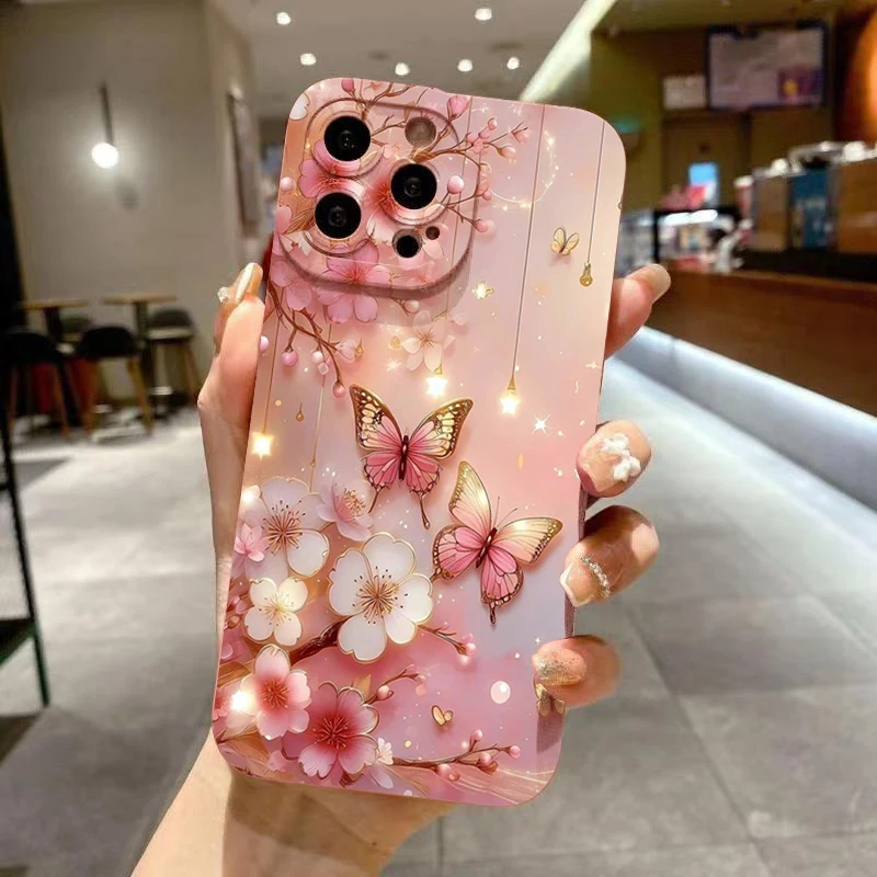 Etui na telefon z motywem motyla i kwiatów, odporne na wstrząsy, do iPhone 11 12 13 14 15 16 17 Air Pro Max 16E XR XS X 7 8 Plus SE2, matowe etui