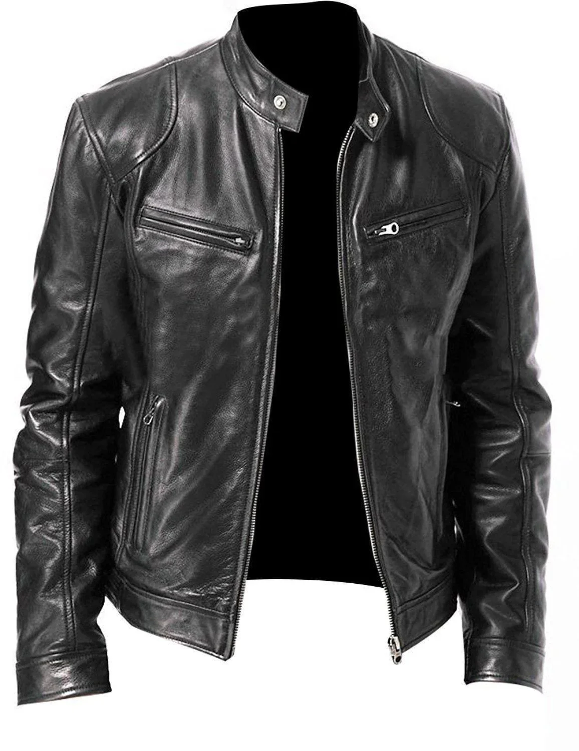 PU Stand Collar Zip Casual Slim Windbreaker Chaquetas Motorcycle Leather Jacket Men's Winter Fleece Tactical Jacket  Mens Jacket