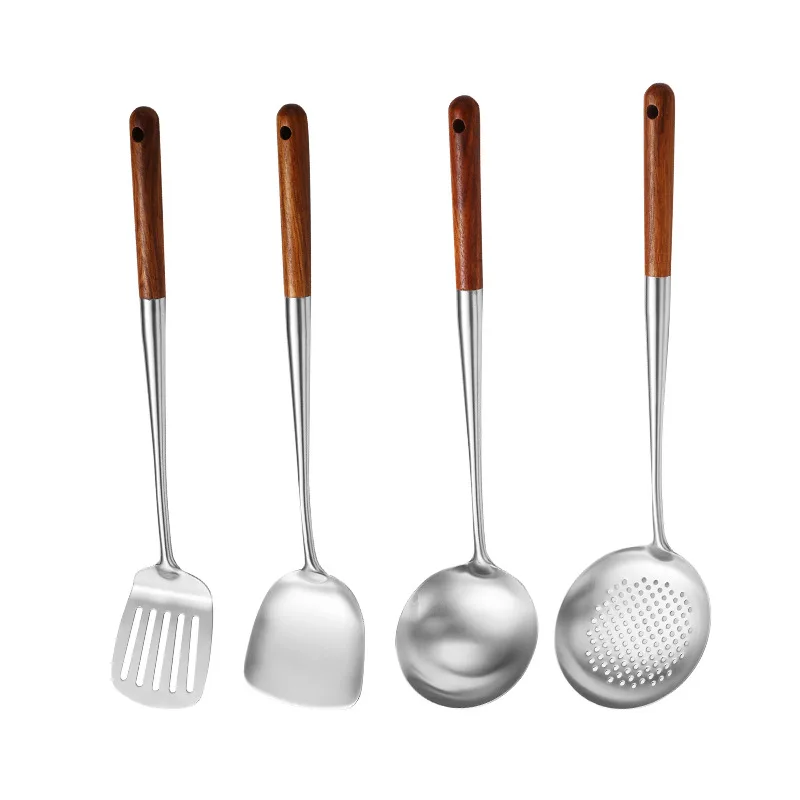 Stainless Steel Cooking Tools with Wooden Handle Soup Spoon Ladle Colander Spatula Shovel Silver 1Pc