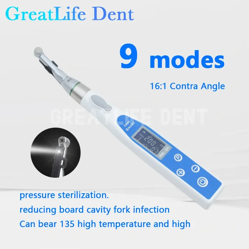 

GreatLife Dent Dentist Dental Wireless Endo Motors with LED Lamp 16:1 Standard Contra Angle 9 Modes Root Canal Instrument