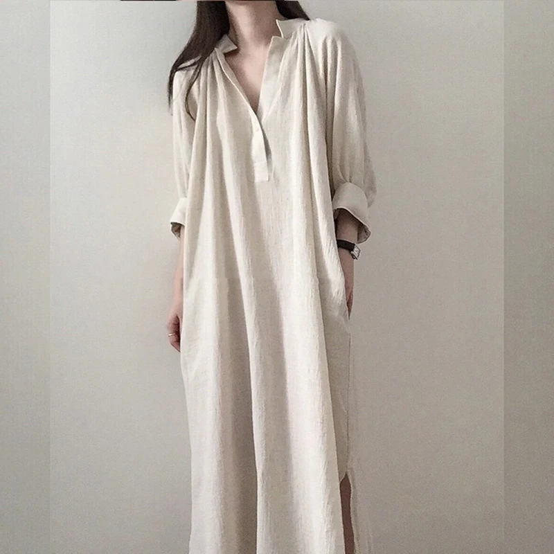 

Solid Color Casual Loose Half Sleeved Cotton Linen Dress For Women Fashion V-Neck Versatile Commuter Beach Vacation Long Skirts