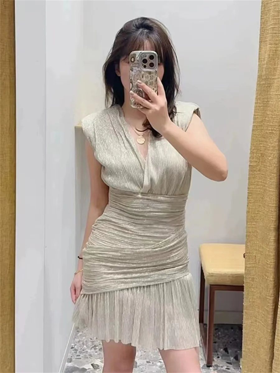 

Mini Pleated Dress for Women 2024 New Spring Summer Sequin Design V-neck Suffles Sexy Sleeveless Short Wrap Robe