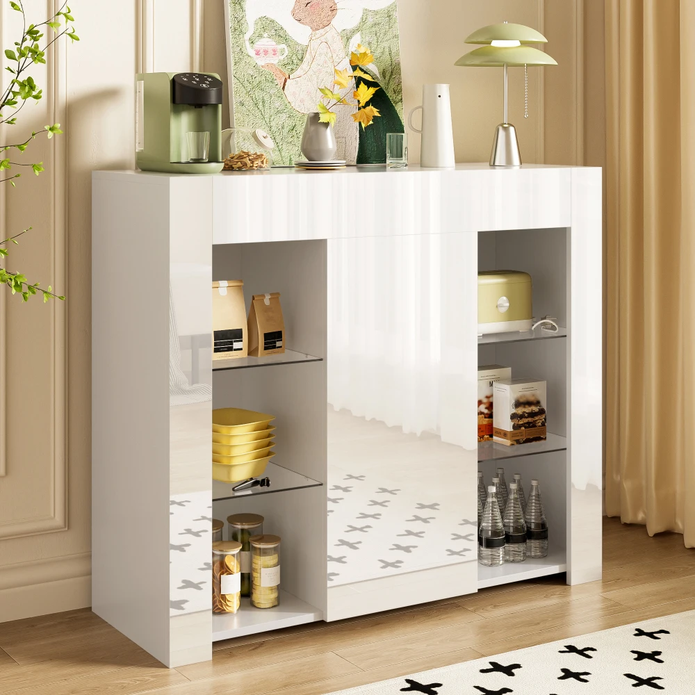 PINGGO Modernes Weißes Buffet Hochglanz-Finish Kompakte Glasregale Schranktür Wohn- Esszimmer Küche Aufbewahrungslösung – Detail 7