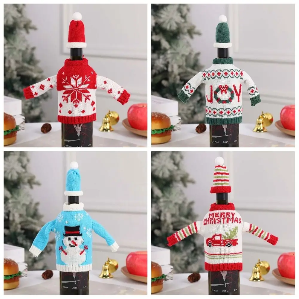 Knitted Clothes with Hats Christmas Wine Bottle Cover Portable Christmas Decorations Knitted Clothes Wine Bottle Set Reusable