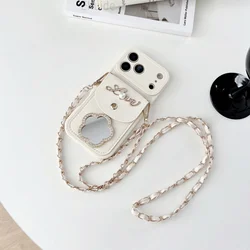 Elegant Mirror Wallet Case with Strap and Card Slot - Crossbody Flower Bag Cover - iPhone 17 Air (White TaiJie)