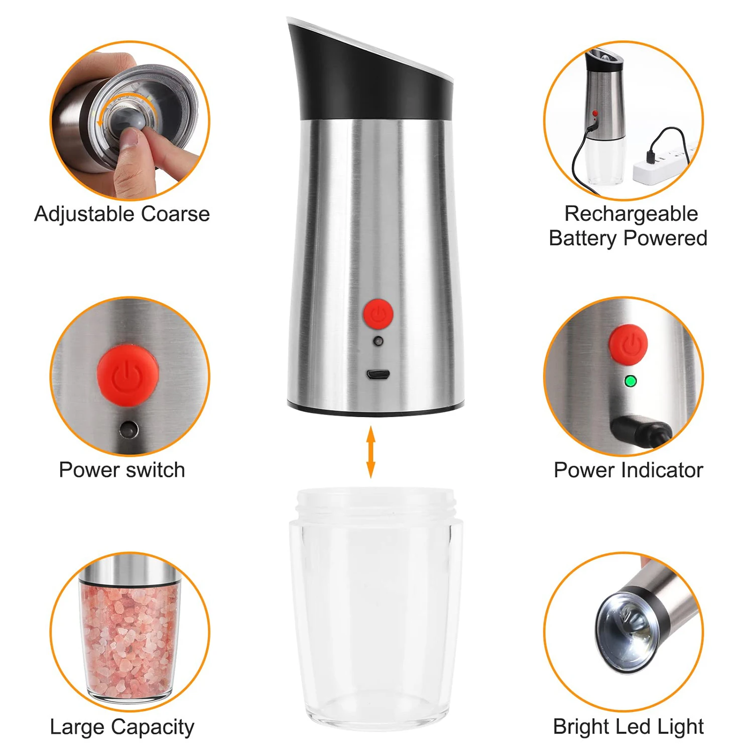 salt and pepper grinder USB Charging Salt and Pepper Grinder Set Gravity Operation Spice Seasoning Mill Shaker Adjustable Coarseness Stainless Steel