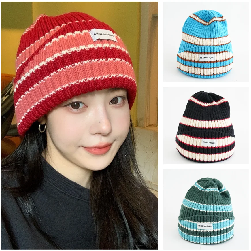 

Свободная вязаная шапка унисекс в полоску для женщин, осенне-зимняя уличная Теплая Вязаная Шапка-бини, шапка с защитой ушей, шерстяная шапка с сочетанием цветов