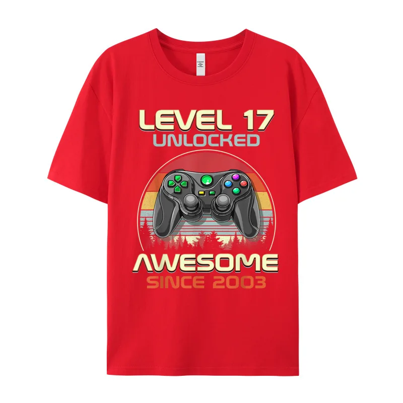 Premium Cotton Mens Short Sleeve Boys Level 17 Unlocked Funny Tshirts Normal Tees Graphic Graphic Crew Neck Tops T Shirt Boys Level 17 Unlocked Funny Video Gamer 17th Birthday Gift T-Shirt__19986 red
