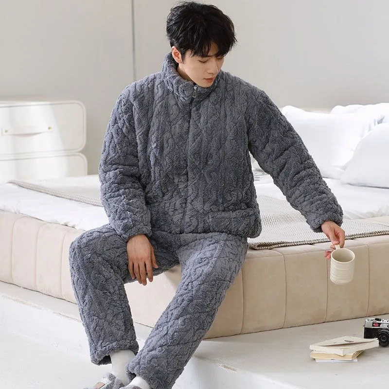2024 New Men's Autumn Winter Thickened Sleepwear Male Coral Velvet Three-layer Padded Pajamas Flannel Fleece Warm Loungewear Set