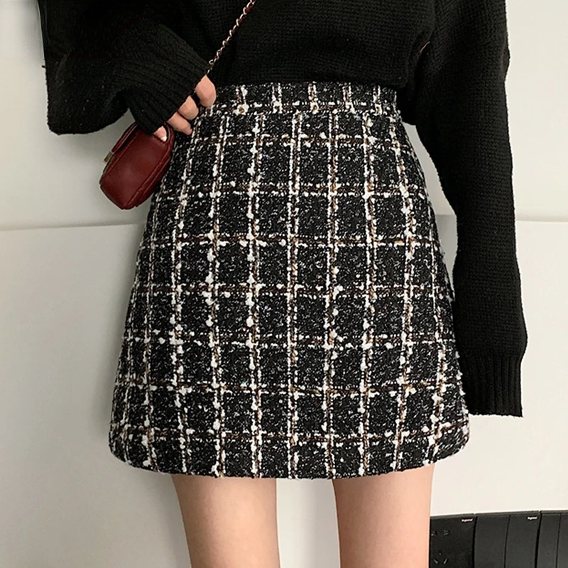 

Flectit Fall Winter Plaid Wool Skirt Womens Plus Size Thick Woolen Glitter Tweed Mini Skirt Saia Feminina