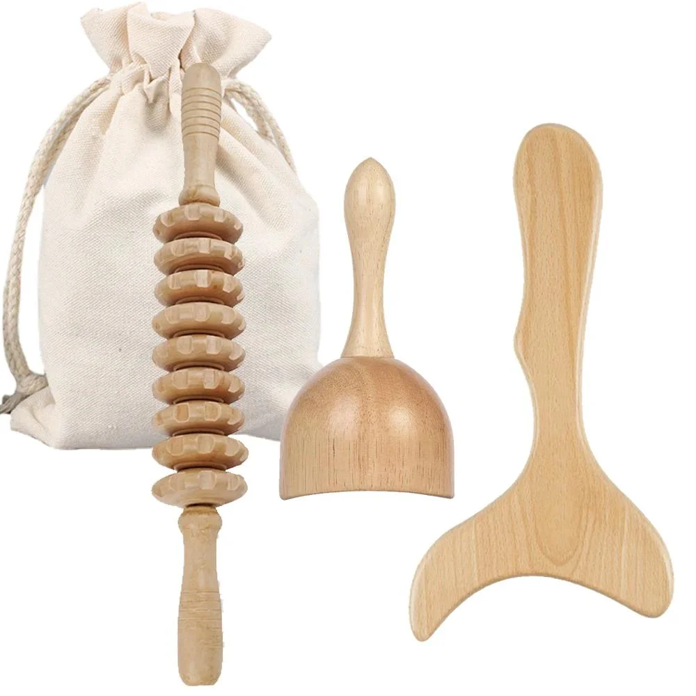 Rouleau de massage en bois 9 roues pour drainage lymphatique - Outil de scraping corporel manuel Hemu