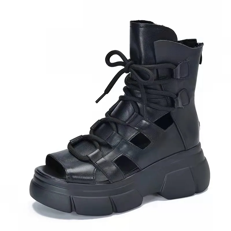 

Summer Women's Sandals Retro Roman Style Open-Toe Lace-Up Leather High-Top Martin Boots Hollow Platform Peep-Toe Shoes