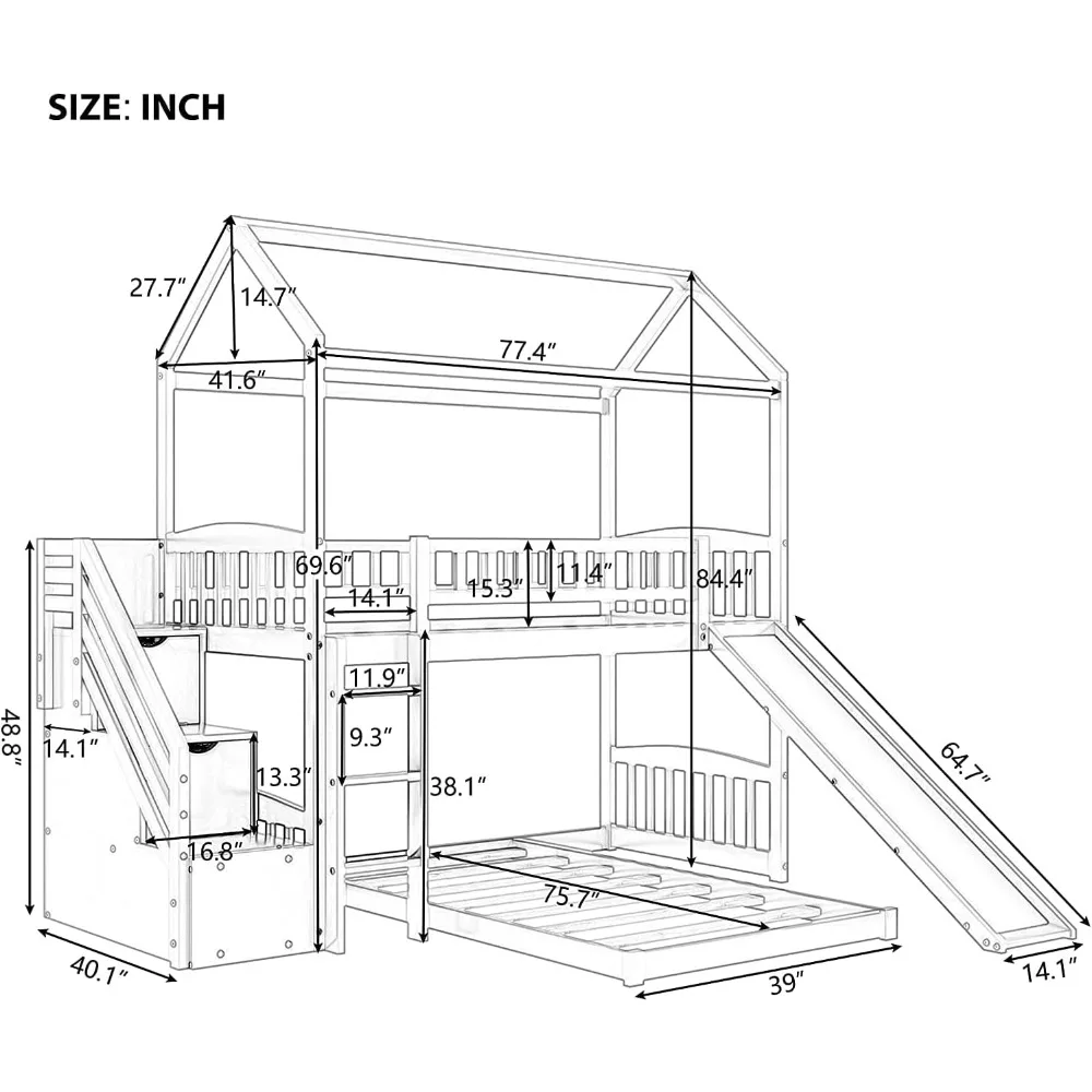 Description Picture 3 of itemTwin Over Twin Toddler House Bunk Bed with Slide and Ladder, Wooden House Bunk Bed Frame with Stairs Drawers for Girls Boys