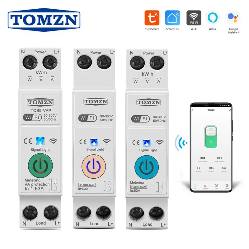 

TOMZN 63A 1P N WIFI Smart Switch Energy Meter Kwh Metering Monitoring Circuit Breaker Timer Relay MCB TUYA smartlife