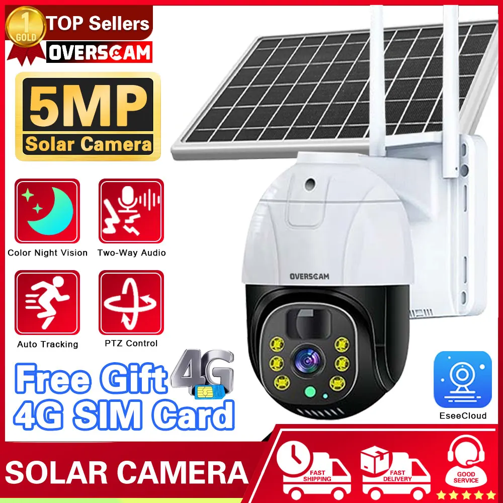 Solar Camera 4G SIM Outdoor 5MP Wireless Security CCTV Waterproof Night Vision PIR Human Detect PTZ Camera Free 4G SIM Card
