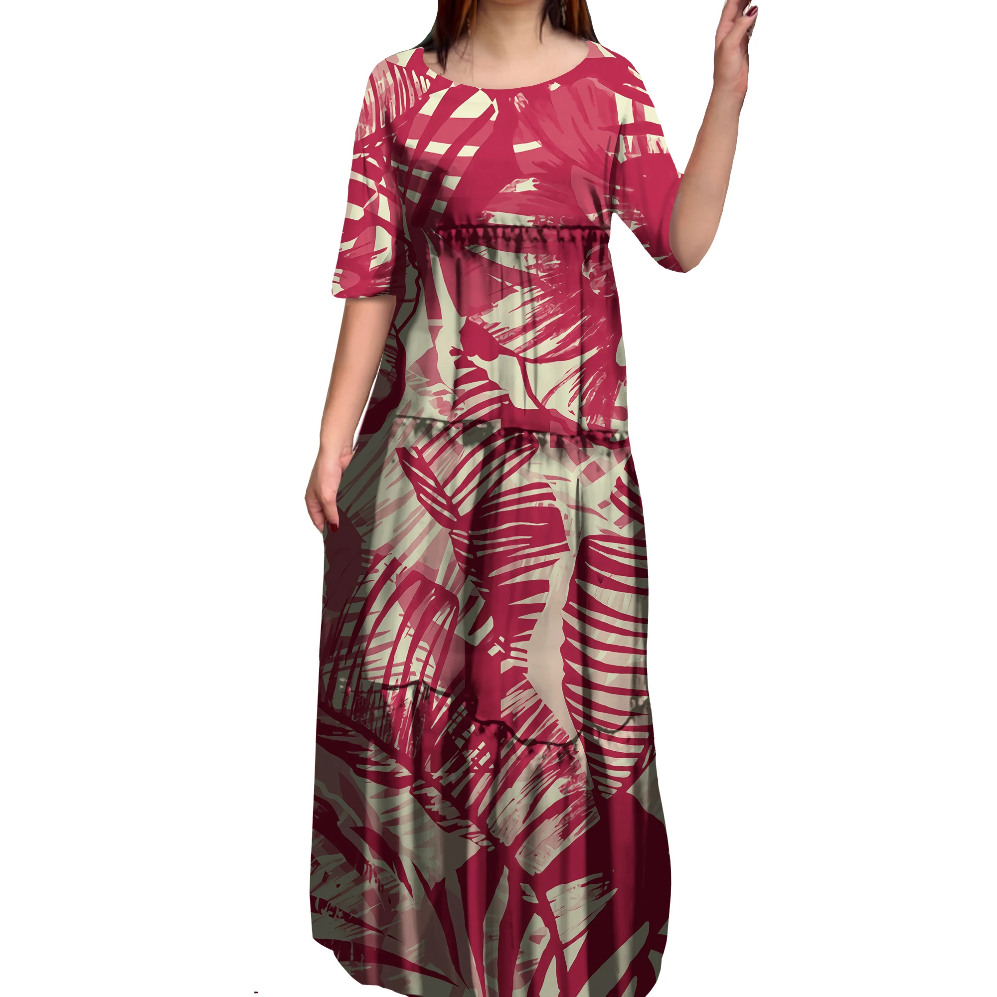 Anti-wrinkle 8XL Polynesian Milk Silk O-neck Tiered Dress Hot Selling Pacific Island Art Hawaii Design Evening Mermaid Dresses
