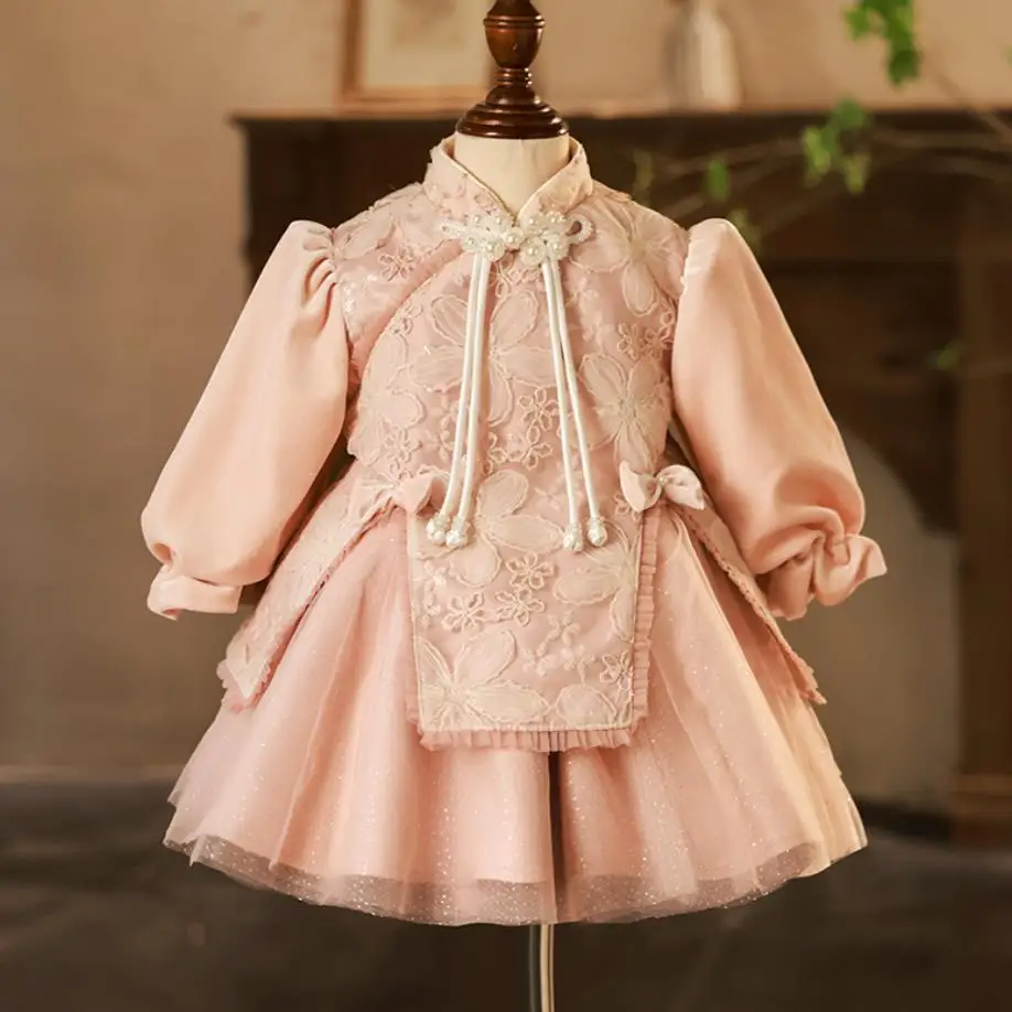 

New Children's Evening Gown Long Sleeve Pearls Design Wedding Birthday Baptism Party Clothing Girls Host Performance Dress A3273