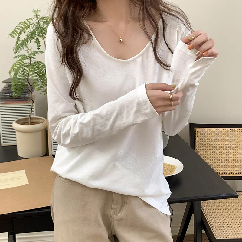 

U-neck Long Sleeve White T-shirt Women Spring Minimalist Style Solid Color Inner Tops Casual Straight Loose Basics Tshirts 2023