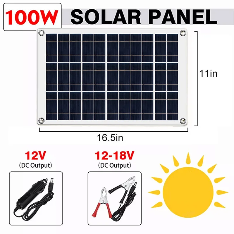 

Solar Panel 20W-100W USB Cell Portable Waterproof 12V Charger Outdoor Mobile Power Battery Sun Hiking Phone Charging