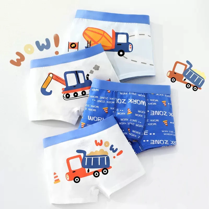 4Pcs Fashion Toddler Baby Cartoon Car Underwear Cotton Comodi Pantaloncini Carini Adolescente Blue Engineering Vehicle Boxer Mutandine