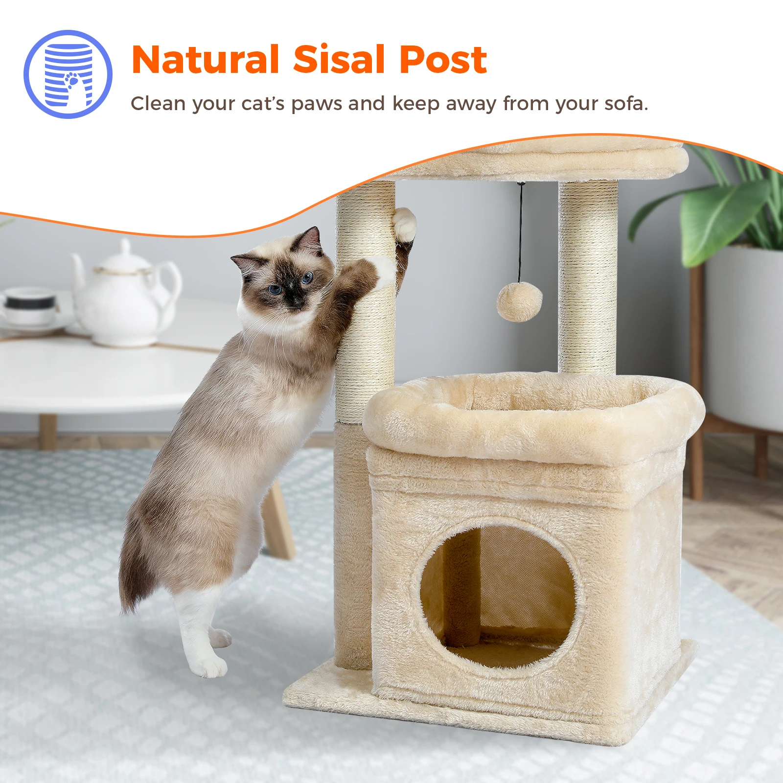 Cat Tree Tower for Indoor Cats with Private Cozy Cat Condo Natural Sisal Scratching Posts and Plush Pom-pom for Small Cats
