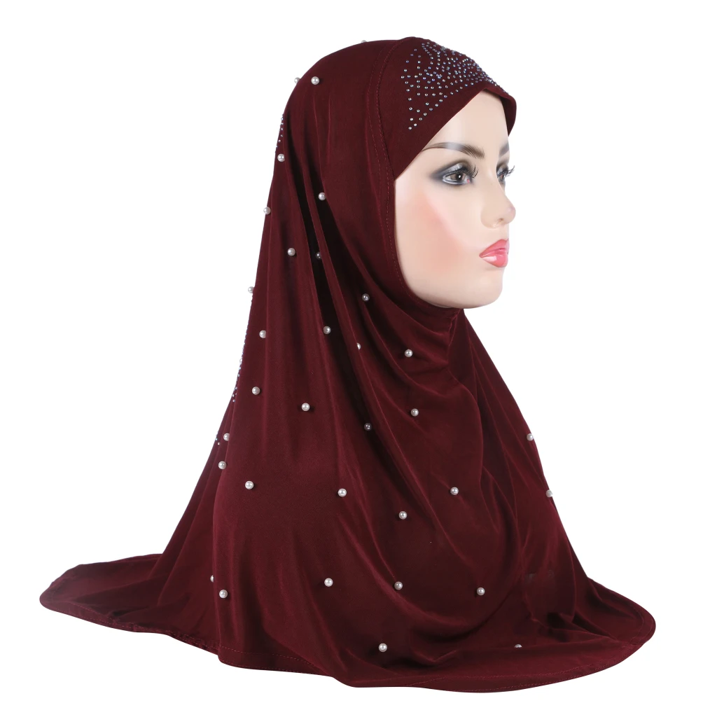 H016 Beautiful adults medium size muslim hijab with handmade beads islamic scarf shawl headscarf hat armia pull on wrap 2