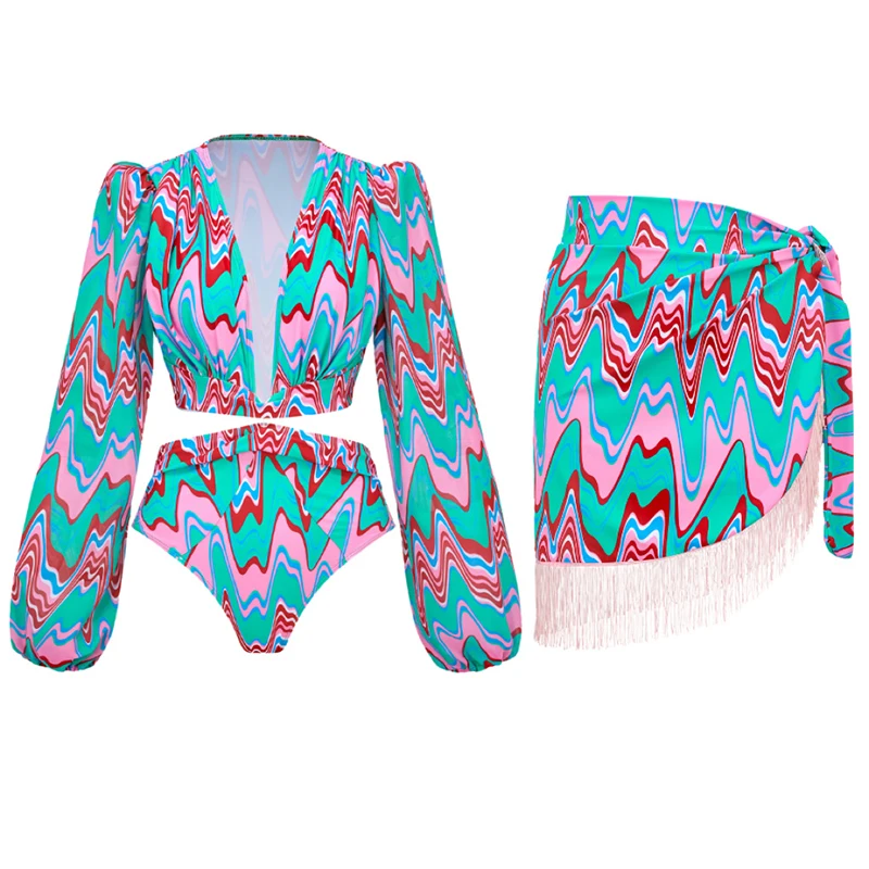 

Sunscreen Long Sleeve Bikinis 2023 Woman Sexy Deep V-neck Women's Swimsuit High Waisted Fashion Printed Brazilian Beach Outfit
