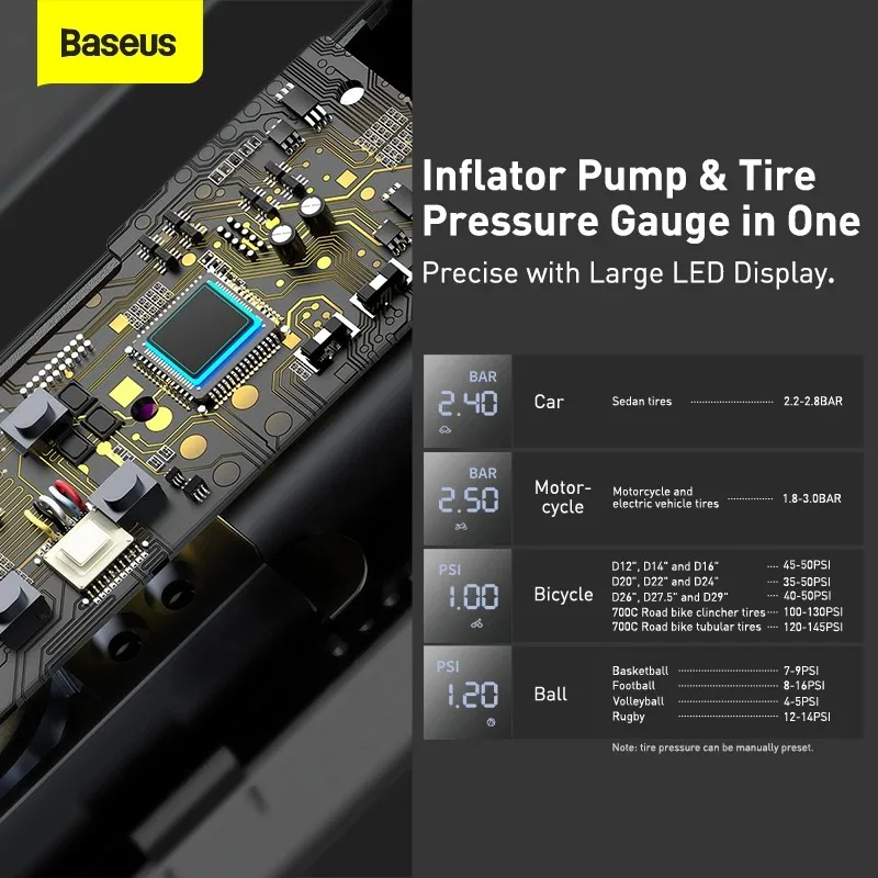 Baseus Car Inflator Pump 12V Smart Electric Car Tire Pump 150 PSI LED Display Tyre Air Compressor Bicycle Motorcycle air pump electric tire inflator air compressor pump tire inflator inflatable pump