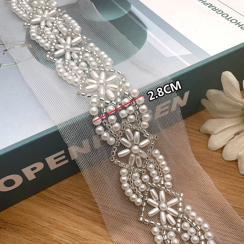 Description Picture 6 of item2Yards Pearl Trim Beaded Lace White Mesh Embroidery Beading Trim Ribbon Strip Lace Garment Sewing Accessories