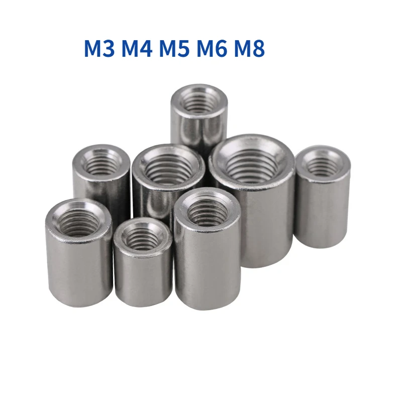 304 스테인리스강 연장 긴 길이 원형 커플링 너트 커넥터, 조인트 슬리브 관형 너트, M3 M4 M5 M6 M8