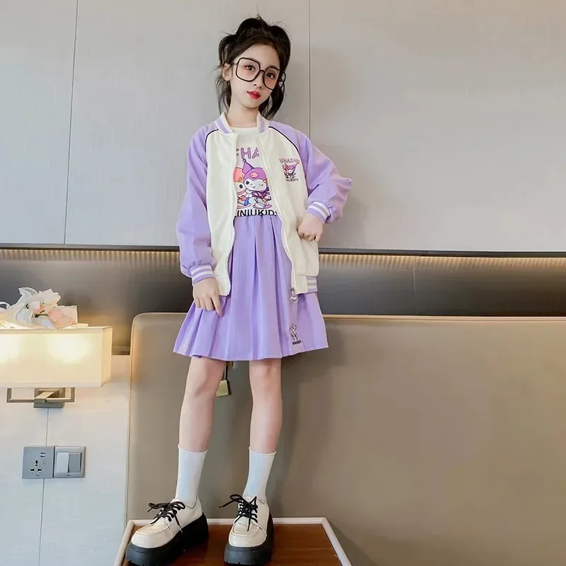

Three-piece Set of Girls' Autumn Skirt Suit, Kuromi Coat, Children's Korean Style Baseball Uniform, Little Girl's Pleated Skirt