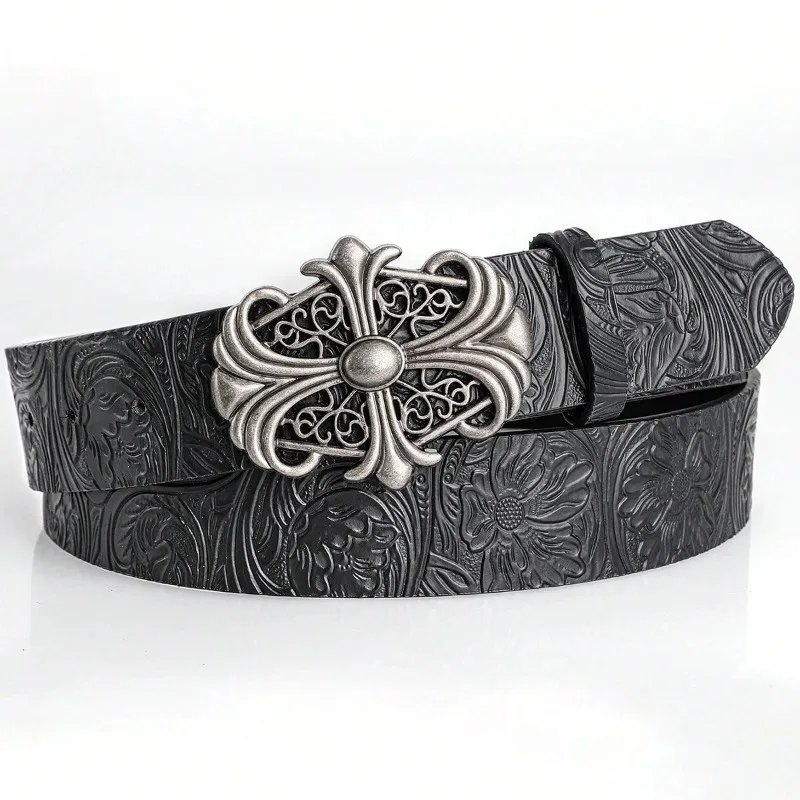 Retro Men's Belt Chic Black PU Leather Fashionable Retro Punk Rock Style Girl Spicy Lotus Texture Hollow Smooth  Buckle