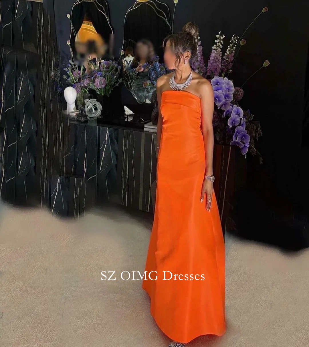 OIMG Strapless Women Vintage Prom Dresses Sleeveless Floor Length Orange Sheath Simple Evening Gowns 2023 Formal Party Dress