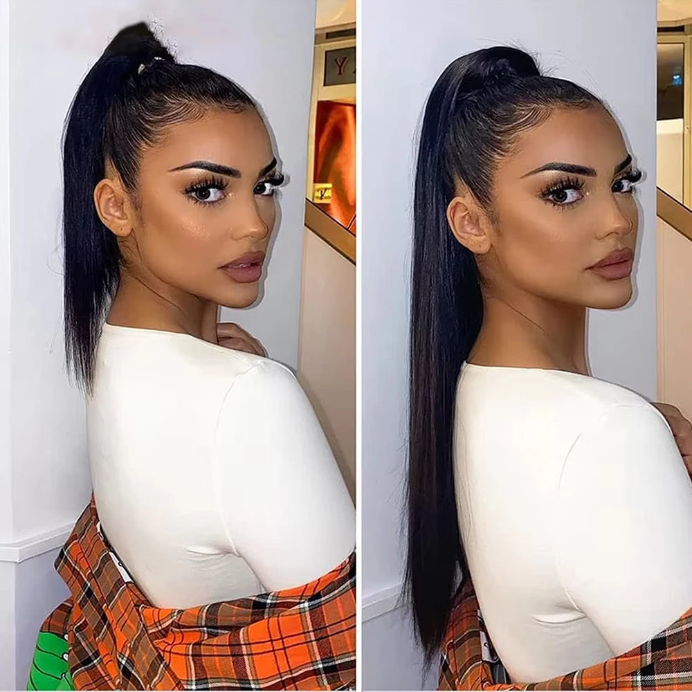 Straight Human Hair Ponytails Magic Wrap Around Clip In Ponytail Black Remy Brazilian 100% Human Hair Extension 10-32 Inches