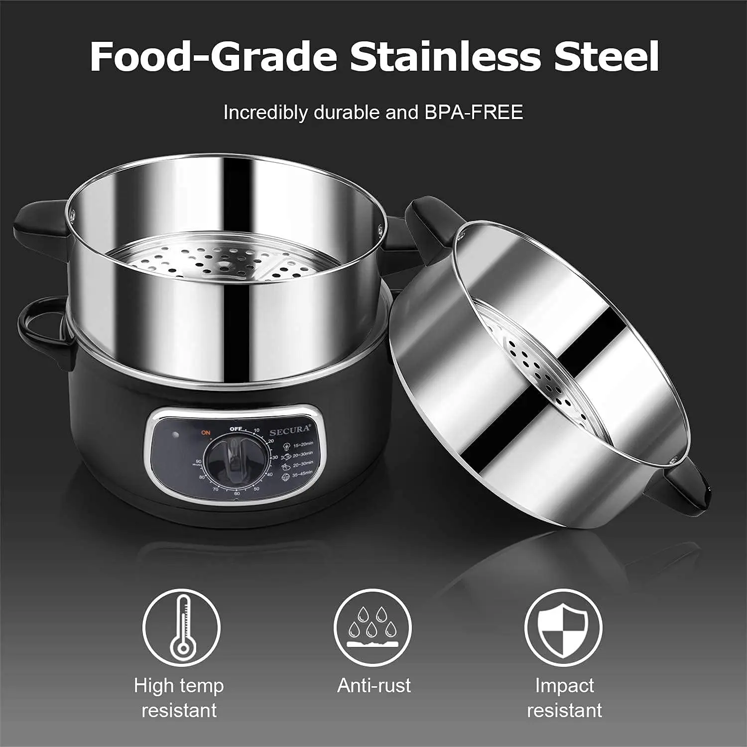 Stainless Steel Food Steamer 8.5 Qt Electric Glass Lid Vegetable Steamer Double Tiered Stackable Baskets with Timer 4
