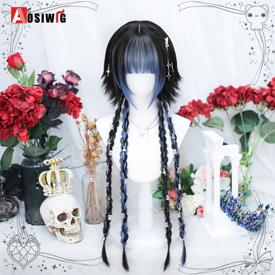 Ombre Black Red Long Straight Synthetic Wig With Braid Women Cosplay Lolita Wigs With Bangs Hair For Daily Party