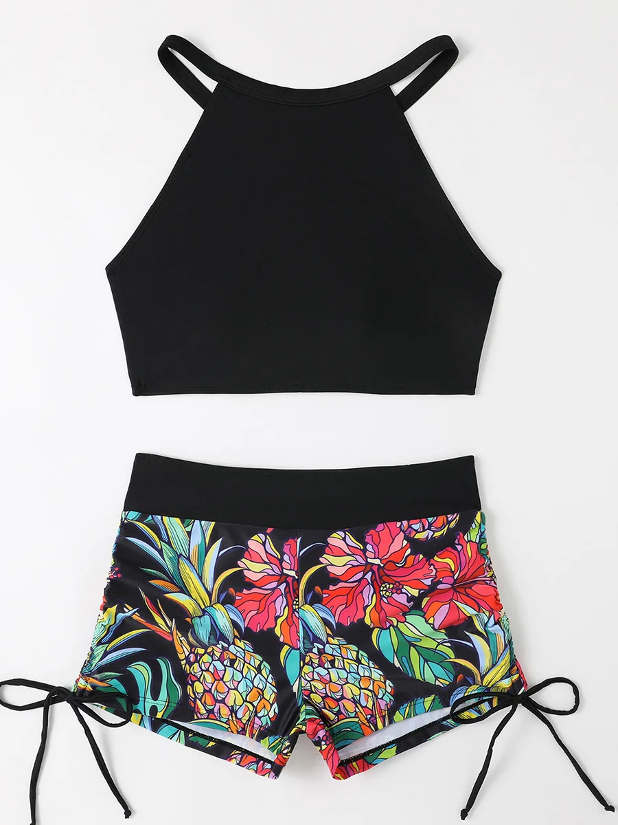 Bikini Set Print High Waist Swimsuit Women High Neck Bikini Drawstring Swimwear Female Bathers Bathing Swimming Swim Suit Beachwear