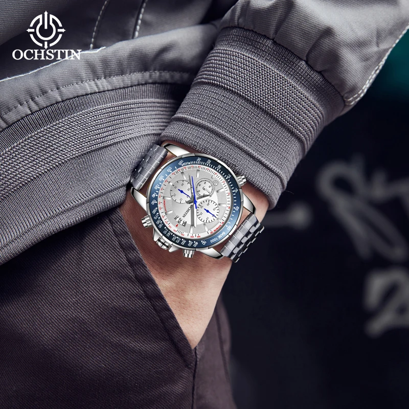 OCHSTIN Originale Series New Launch Steel Strap Multi-function Quartz Movement Watch Black Silver Men's Watch