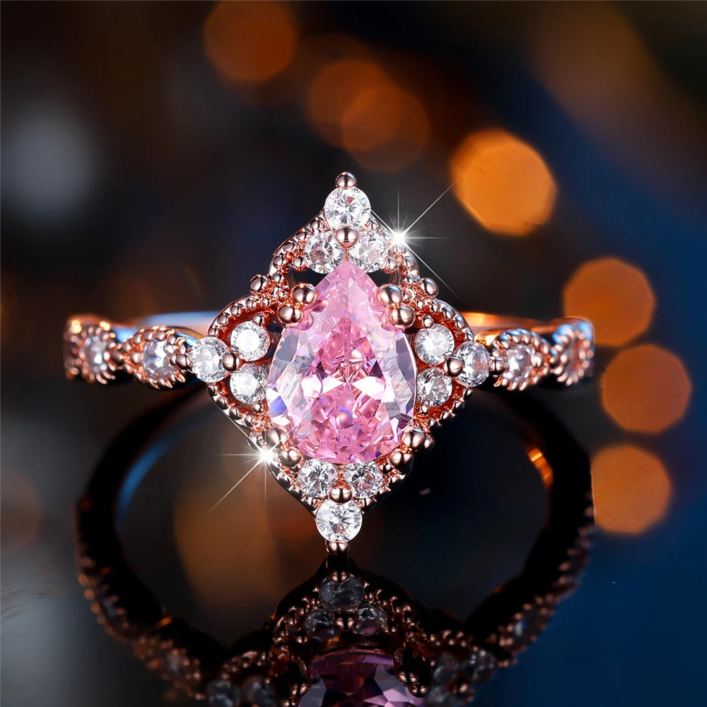 Trendy Pink Purpl Zircon Crystal Drop Stone Vintage Silver Gold Color Wedding Bands Engagement Rings For Women Jewelry