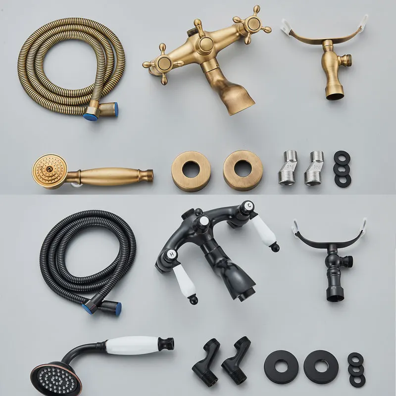 Antique Brass Wall Mounted Bathtub Faucet Brass Telephone Style Bath Shower Tap Waterfall Swivel Spout Dual Handle Tub Mixer bathtub faucet