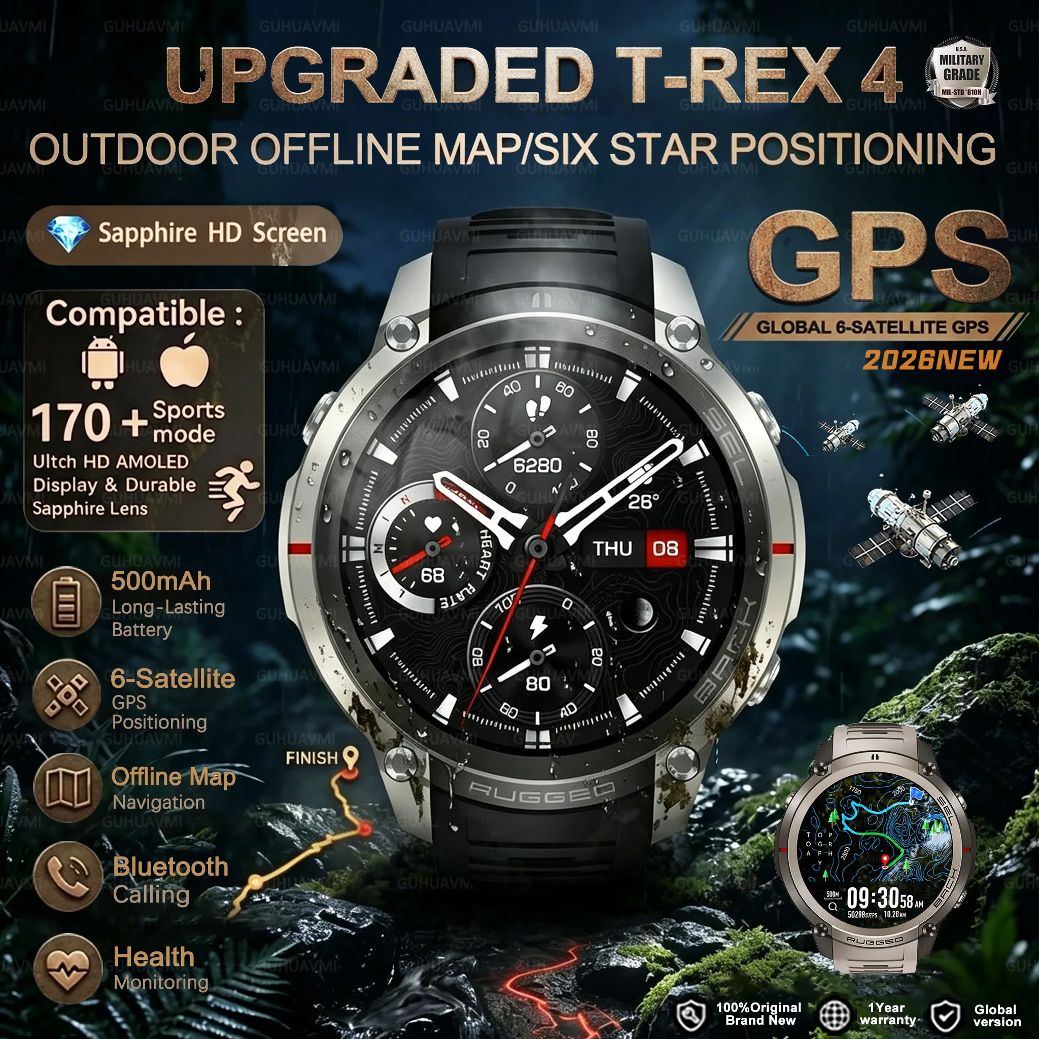 Montre connectée GPS de haute précision 2026 avec cartes hors ligne, boussole, suivi, étanche 5ATM, bracelet intelligent tactique pour homme, cadeau 1 Montre connectée GPS de haute précision 2026 avec cartes hors ligne, boussole, suivi, étanche 5ATM, bracelet intelligent tactique pour homme, cadeau 1